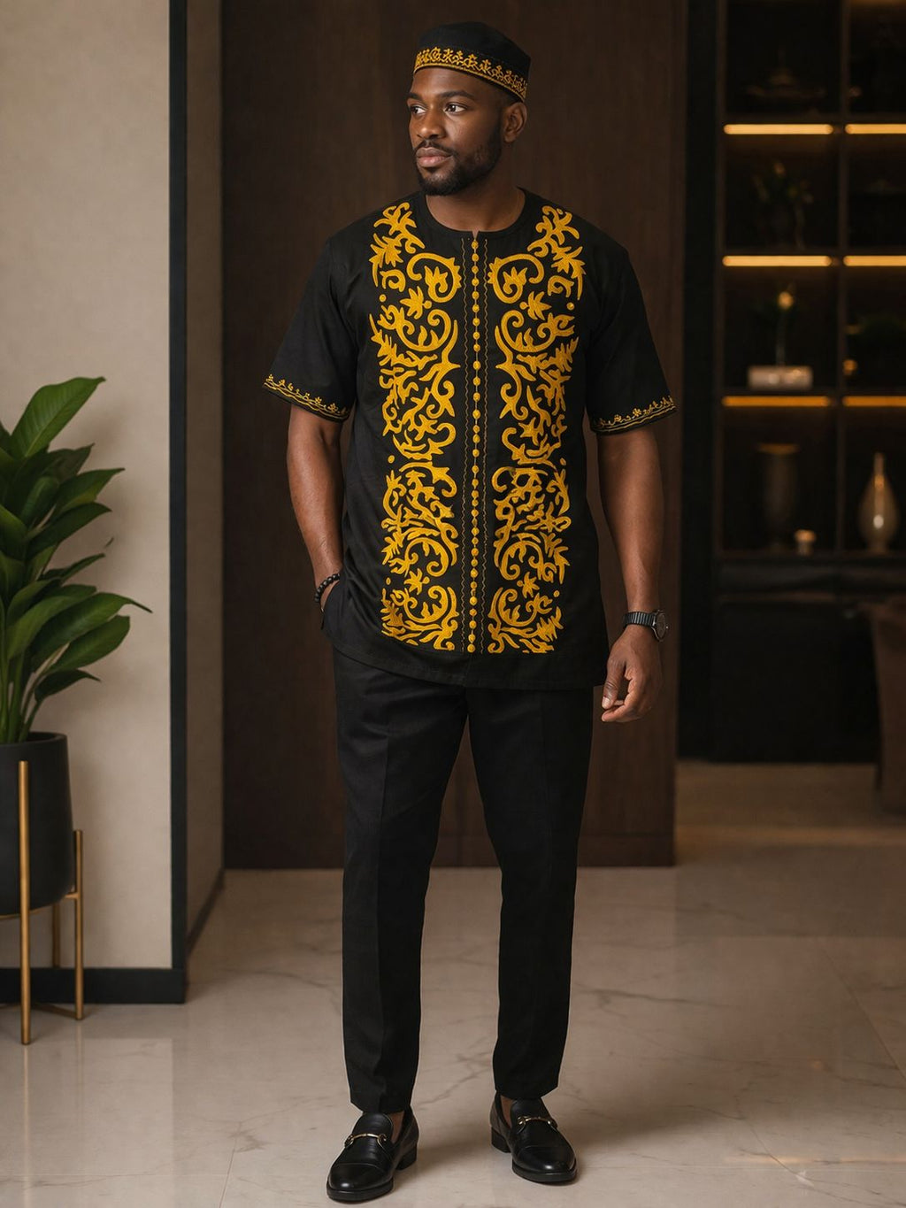 Men'S Black Embroidery Short Sleeve Shirt With Pant And Kufi Hat