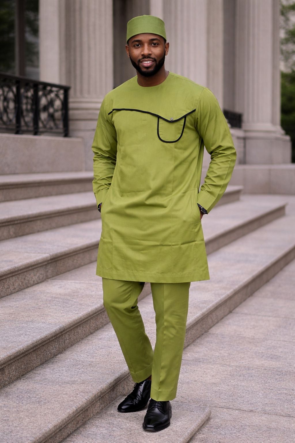 Mens Solid Top And Pant Set With Kufi Cap