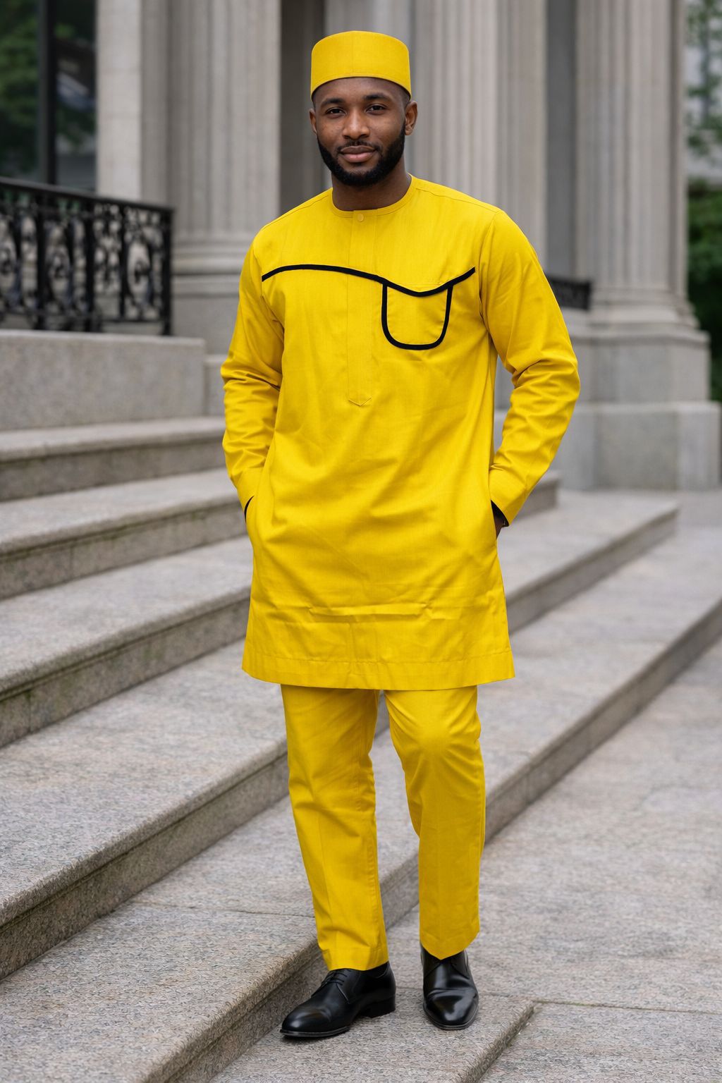 Mens Solid Top And Pant Set With Kufi Cap