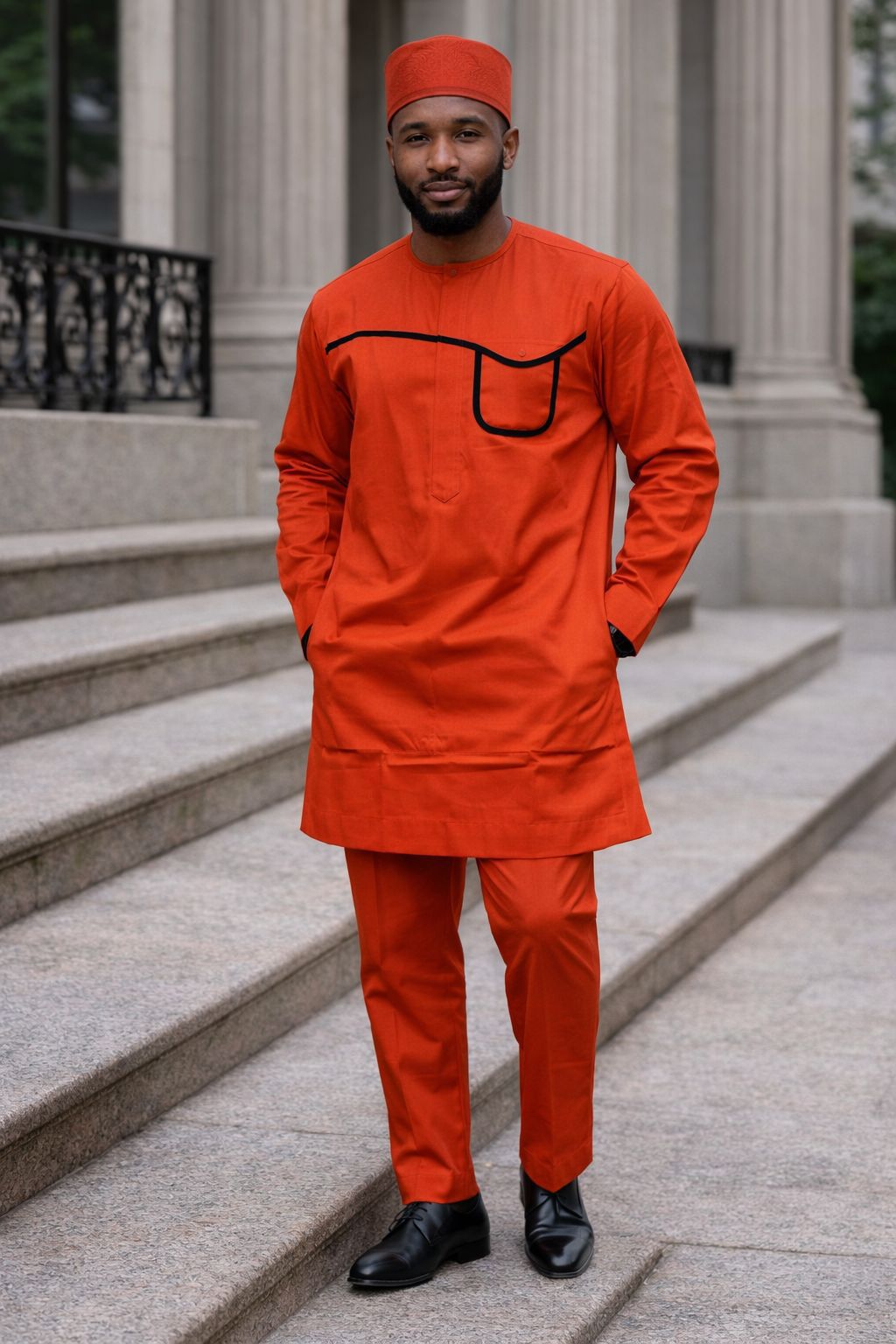 Mens Solid Top And Pant Set With Kufi Cap