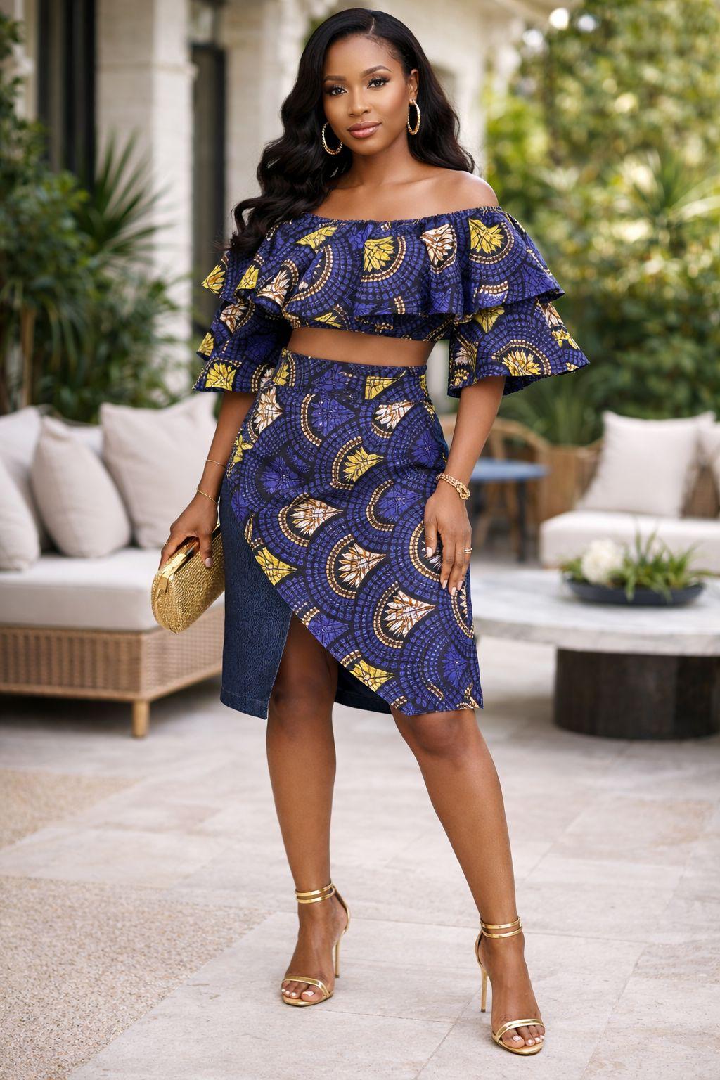 Crop Top With Frill Sleeve  And Skirt Set