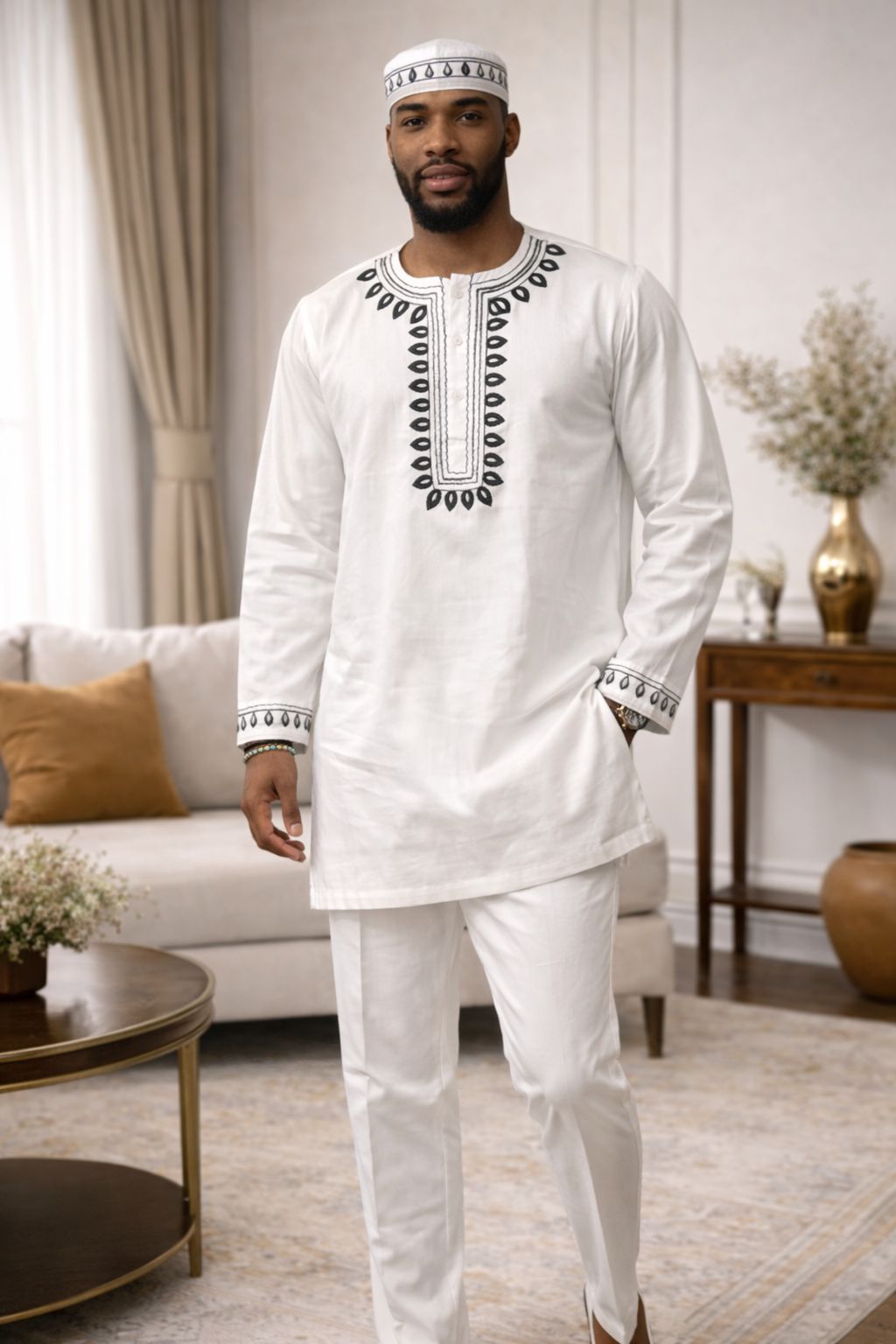 White Emroidery Top And Pant With Kufi Hat