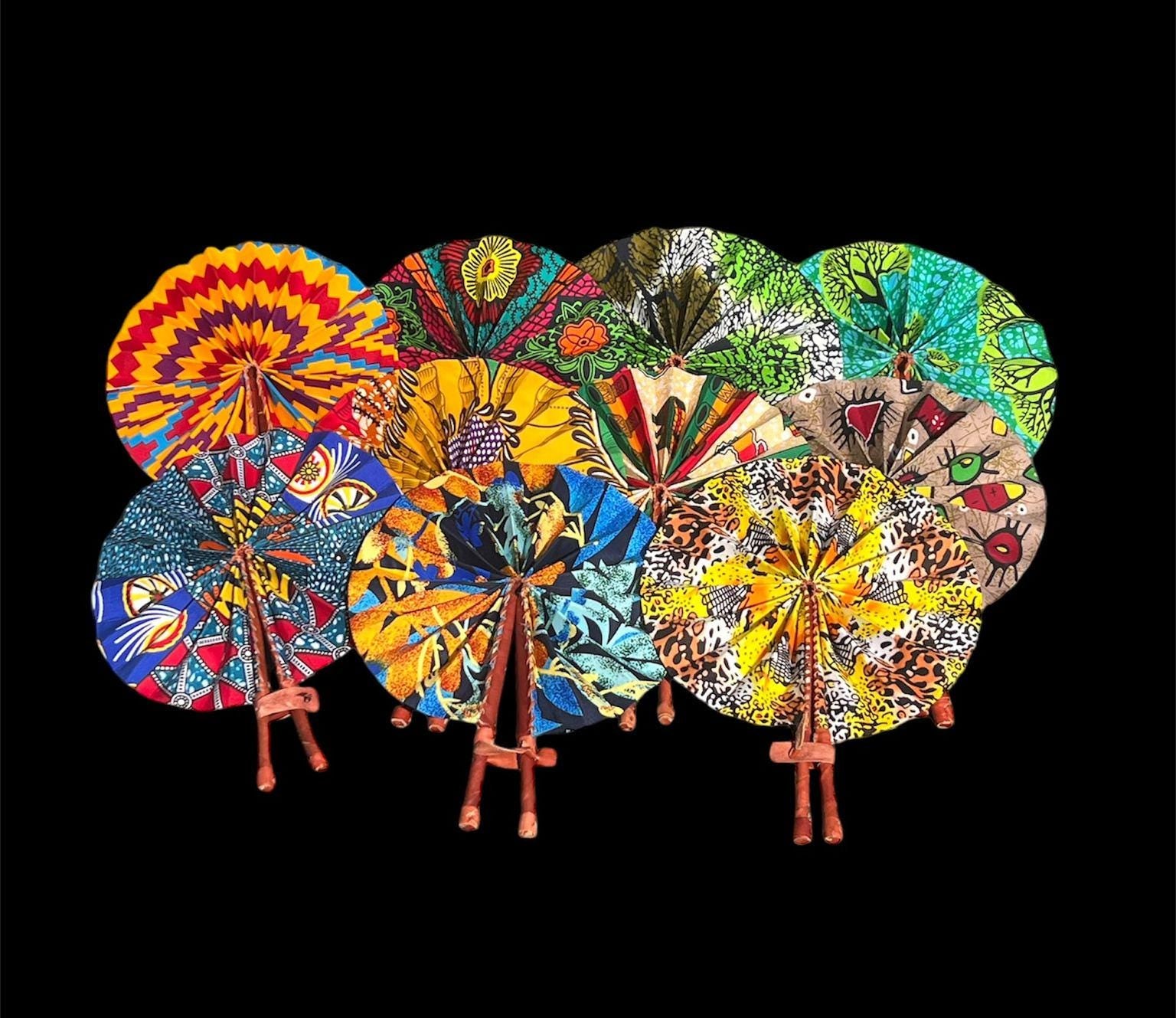 African Print Hand Fans: Assorted Colors, Ghana Made (10 pcs)