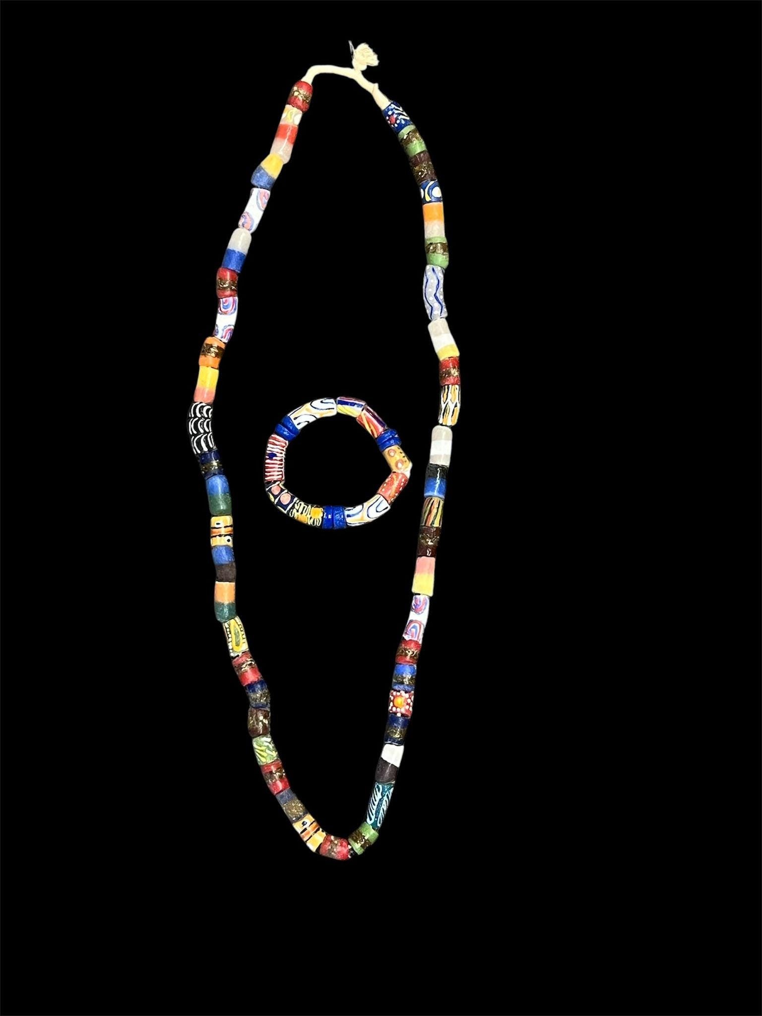 Vintage Ghana Bead Necklace & Bracelet Set: Ethnic Glass Jewelry