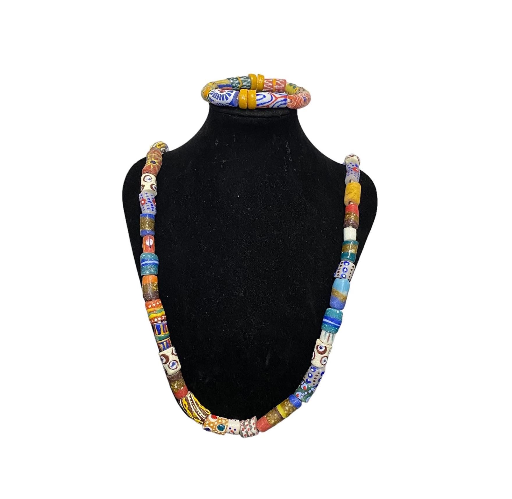 Vintage Ghana Bead Necklace & Bracelet Set: Ethnic Glass Jewelry