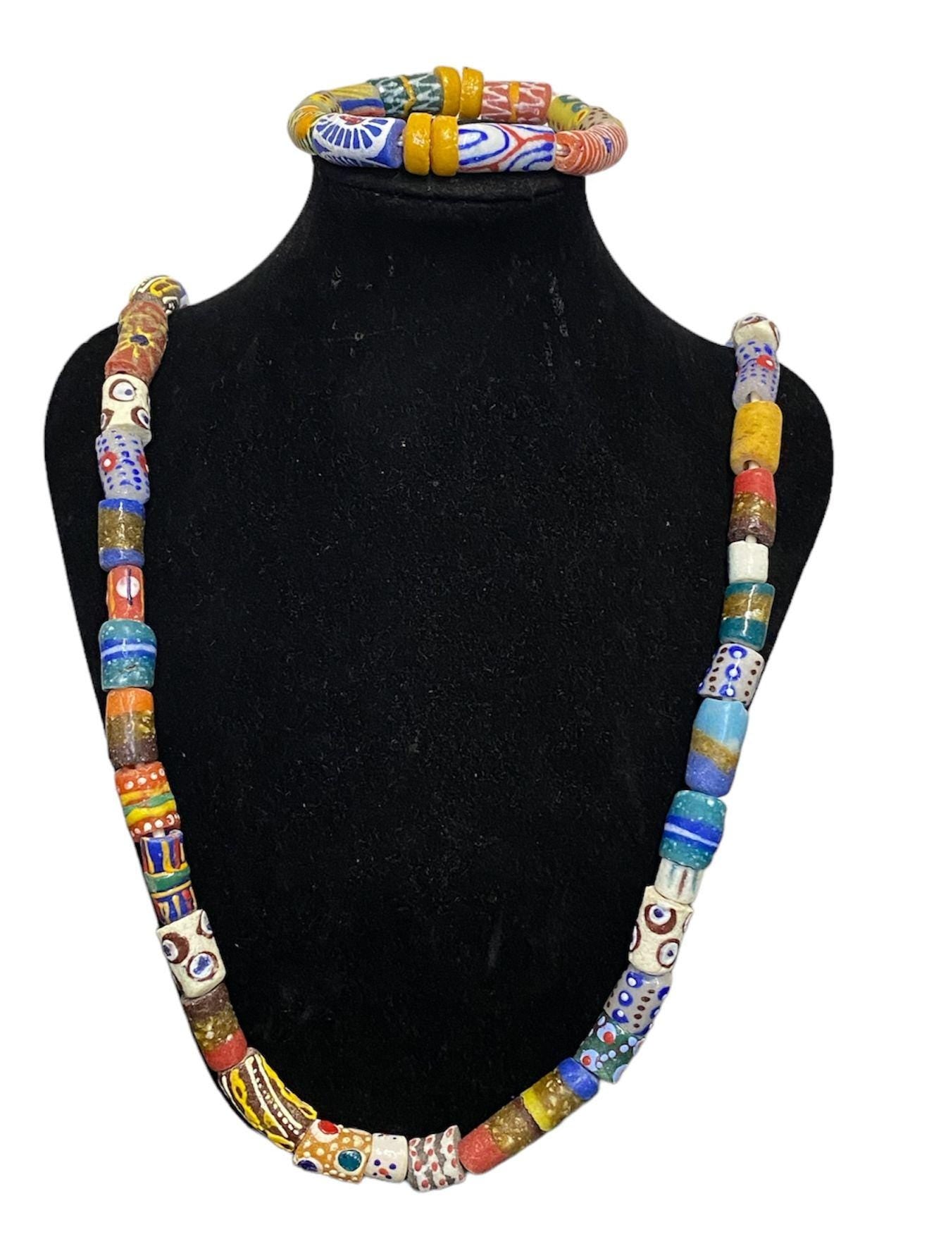Vintage Ghana Bead Necklace & Bracelet Set: Ethnic Glass Jewelry