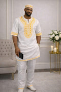 Men's White Embroidered African Outfit With Kufi Cap