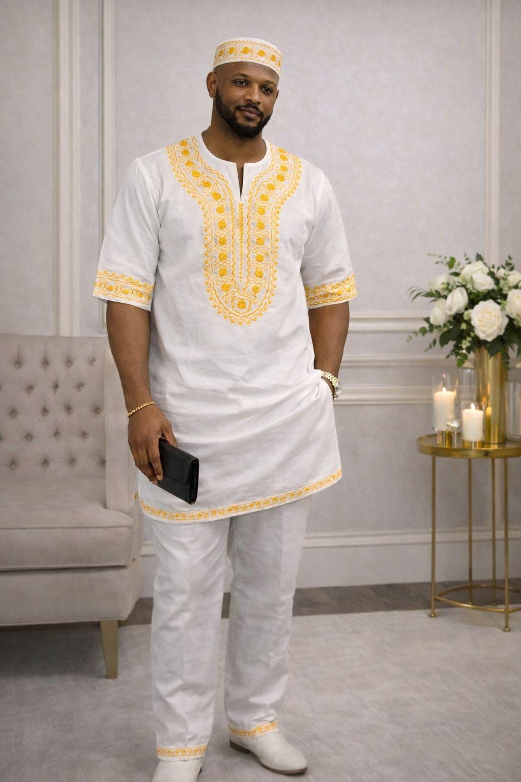 Men's White Embroidered African Outfit With Kufi Cap