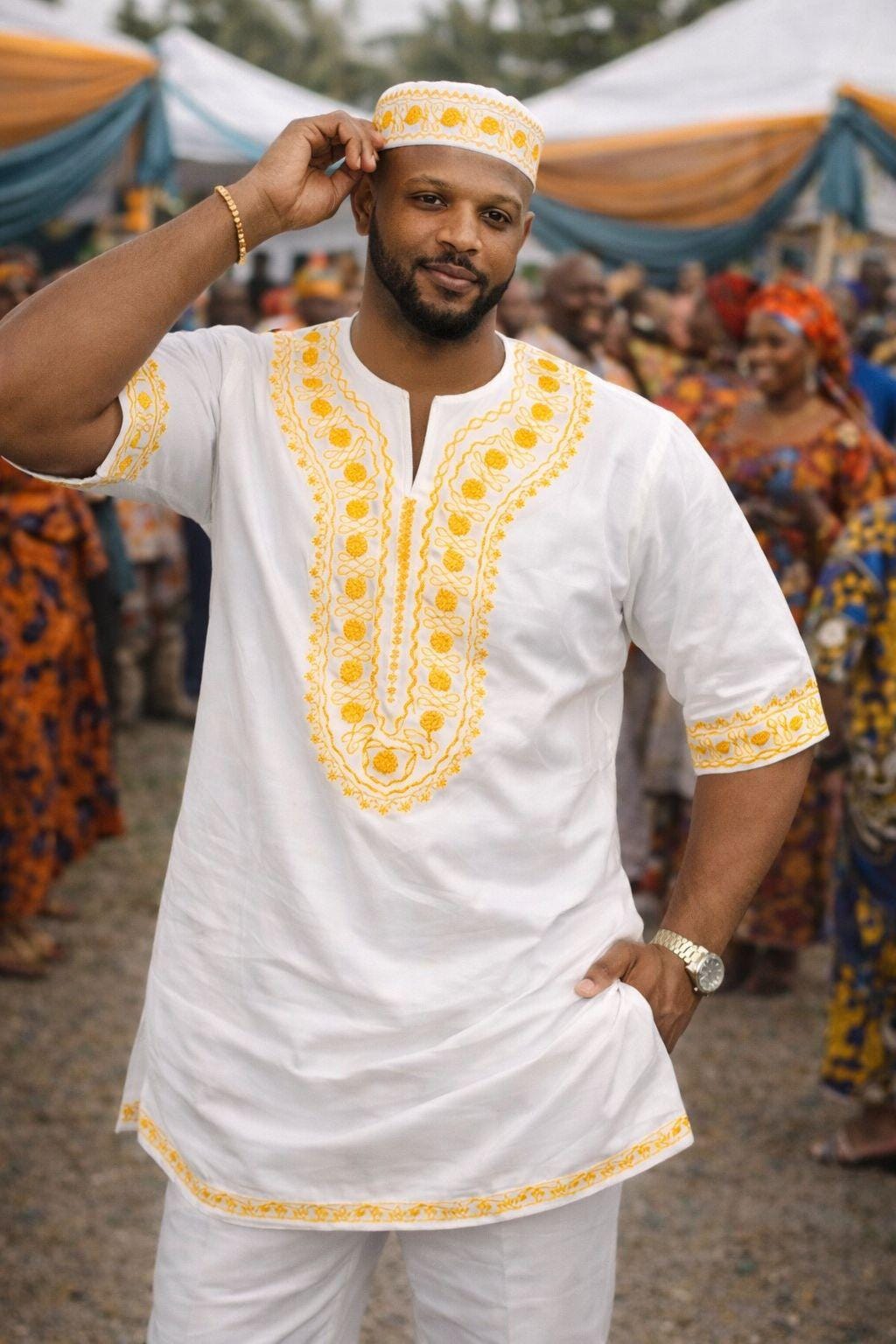 Men's White Embroidered African Outfit With Kufi Cap